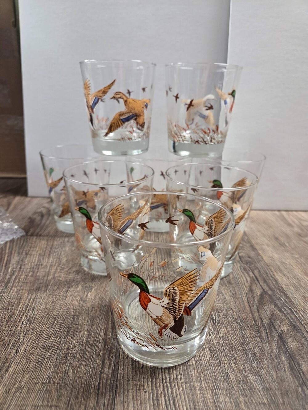 Vintage Libbey Wild Game Mallard Duck Trophy Hunting Lodge Whiskey Glass Set 8